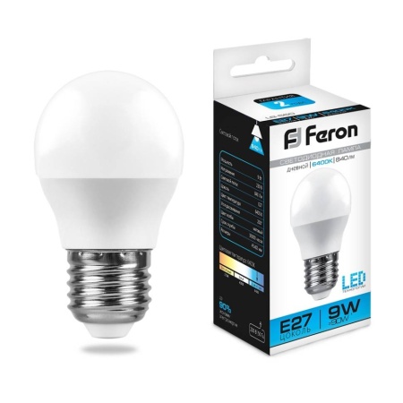 Лампа светодиодная шар LED 9вт E27 G45 6400 К Дневной свет Feron