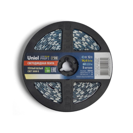Светодиодная лента Uniel ULS-M25-5050-60LED/m-10mm-IP20-DC12V-14,4W/m-5M-3000K PROFI