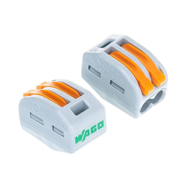 Картинка Клемма 2-х проводная Al/Cu Серая с оранжевыми рычажками 0.08-2.5 мм WAGO