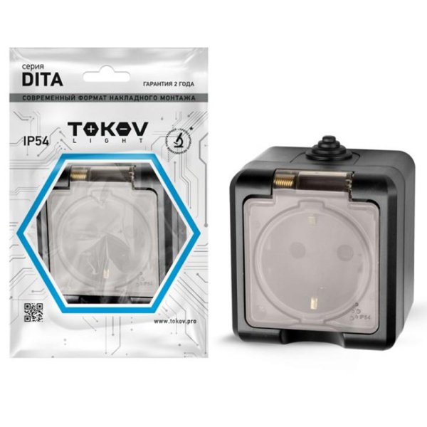 Картинка Розетка 1 местная ОП Dita 16А IP54 250В с з/к с прозрачной крышкой Карбон TOKOV ELECTRIC