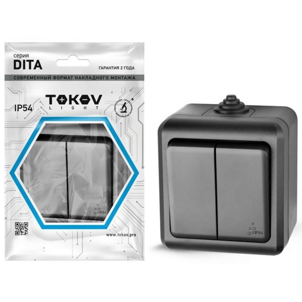 Картинка Выключатель 2 клавиши ОП Dita IP54 10А 250В Карбон TOKOV ELECTRIC