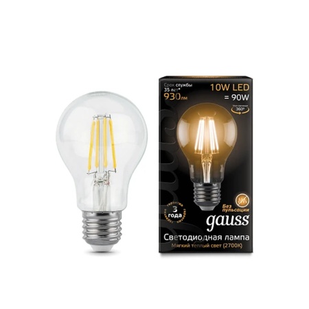 Лампа светодиодная Gauss Filament LED 10вт Е27 А60 2700К теплый свет