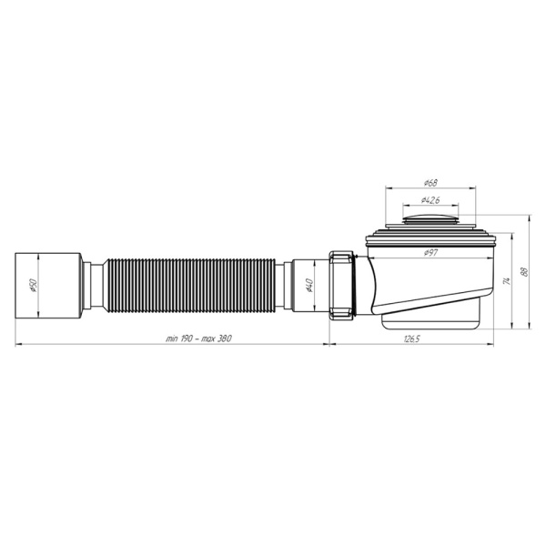 Картинка Сифон для душевого поддона 1 1/2"х50 гибкая труба 375х40/50 хром клик-клак E415CL АНИ пласт