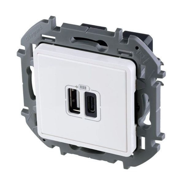 Картинка Зарядное устройство с 2-мя USB A и C 240В/5В 3000мА Белое Legrand Inspiria