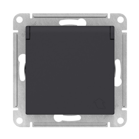 Картинка Розетка с заземлением со шторками Черная крышка Карбон 16А IP20 Systeme Electric ATLASDESIGN