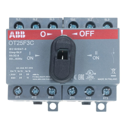 Картинка Реверсивный рубильник 25А 3-х полюсный OT25F3С на DIN-рейку с ручкой ABB