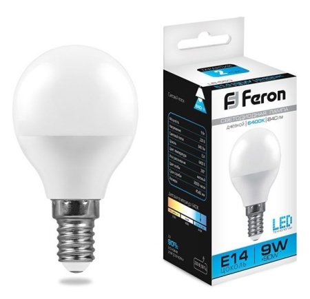 Лампа светодиодная шар LED 9 вт E14 G45 6400К Дневной свет Feron