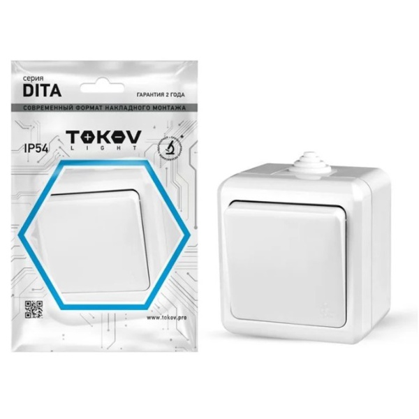 Картинка Выключатель 1 клавиша ОП Dita IP54 10А 250В Белый TOKOV ELECTRIC