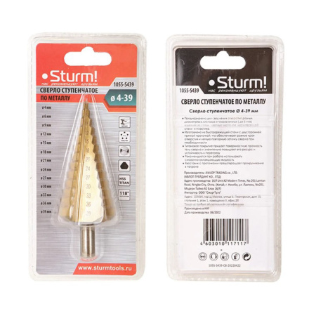 Картинка Сверло ступенчатое по металлу 4-39 мм прямое титан Sturm