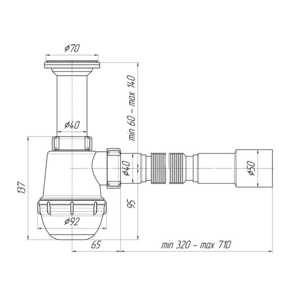 Картинка Сифон для кухонной мойки 1 1/2"x40 с гибкой трубой 40x40/50 мм АНИ Пласт Грот А0515