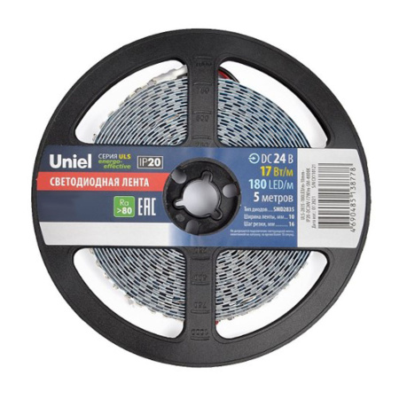 Светодиодная лента Uniel ULS-2835-180LED/m-10mm-IP20-DC24V-17W/m-5M-6500K