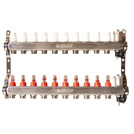 Блок коллекторов с расходомерами 1"х 10 выходов Евроконус 3/4" с воздухоотводчиком VALFEX