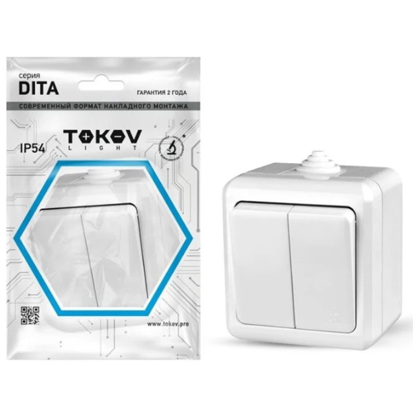 Картинка Выключатель 2 клавиши ОП Dita IP54 10А 250В Белый TOKOV ELECTRIC