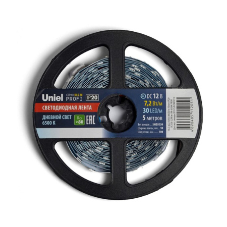 Светодиодная лента Uniel ULS-M22-5050-30LED/m-10mm-IP20-DC12V-7.2W/m-5M-6500K PROFI