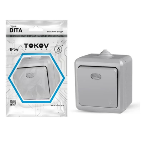 Изображение Выключатель 1 клавиша ОП Dita IP54 10А 250В с индикацией Серый TOKOV ELECTRIC Картинка Выключатель 1 клавиша ОП Dita IP54 10А 250В с индикацией Серый TOKOV ELECTRIC