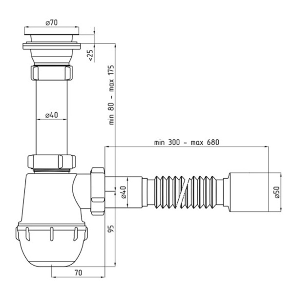 Картинка Сифон для кухонной мойки 1 1/2"x40 с гибкой трубой 40x50 мм АНИ Пласт Грот