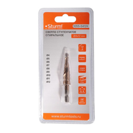 Картинка Сверло ступенчатое по металлу 4-12 мм спираль кобальт Sturm