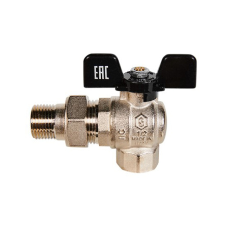 Картинка Кран шаровой со сгоном угловой полнопроходной 1/2' ВР ручка бабочка американка STOUT