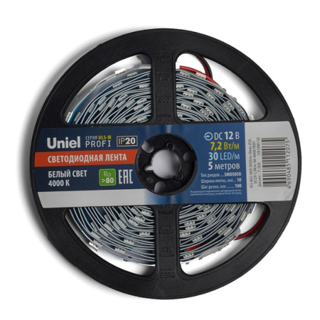 Светодиодная лента Uniel ULS-M22-5050-30LED/m-10mm-IP20-DC12V-7.2W/m-5M-4000K PROFI