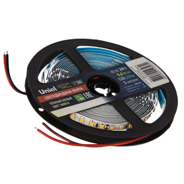Картинка Светодиодная лента Uniel ULS-2835-120LED/m-8mm-IP20-DC24V-9,6W/m-5M-3000K