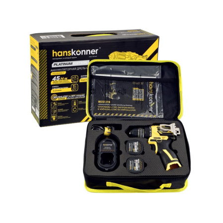 Картинка Дрель аккумуляторная 14.4 В 45 Нм 2х2 А/ч сумка-кейс HCD1645BLC Hanskonner PLATINUM