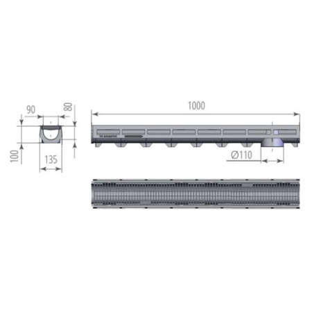Картинка Лоток водоотводный 1000x135x100 мм Пластик с пластиковой решеткой Комплект AQUASTOK AQUA-TOP