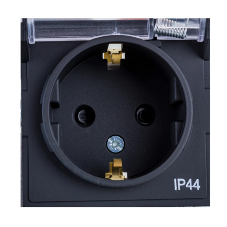 Картинка Розетка с заземление со шторками с крышкой IP44 Карбон System electric ATLASDESIGN AQUA