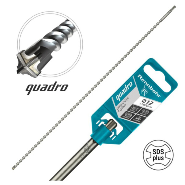 Картинка Бур 12х1000 мм SDS-plus 4 грани RENNBOHR Quadro