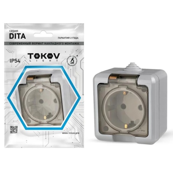 Картинка Розетка 1 местная ОП Dita 16А IP54 250В с з/к с прозрачной крышкой Серая TOKOV ELECTRIC