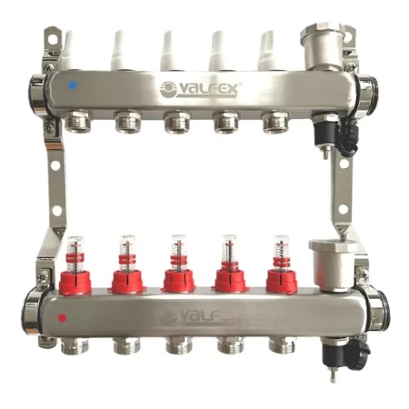 Блок коллекторов с расходомерами 1"х 5 выходов Евроконус 3/4" с воздухоотводчиком VALFEX