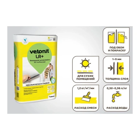 Картинка Шпатлевка полимерная финишная для сухих помещений 20 кг Белая Vetonit ЛР+