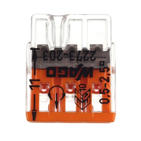 Картинка Клемма 3-х проводная 0.5-2.5 мм для распределительной коробки Без пасты Оранжевая WAGO